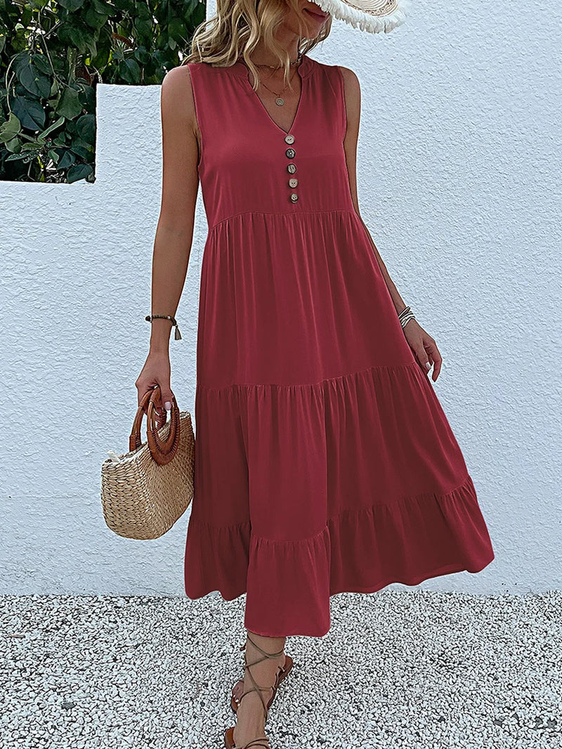 Abito lungo estivo da donna 2025 – stile casual, scollo a v, senza maniche, tinta unita, piega elegante