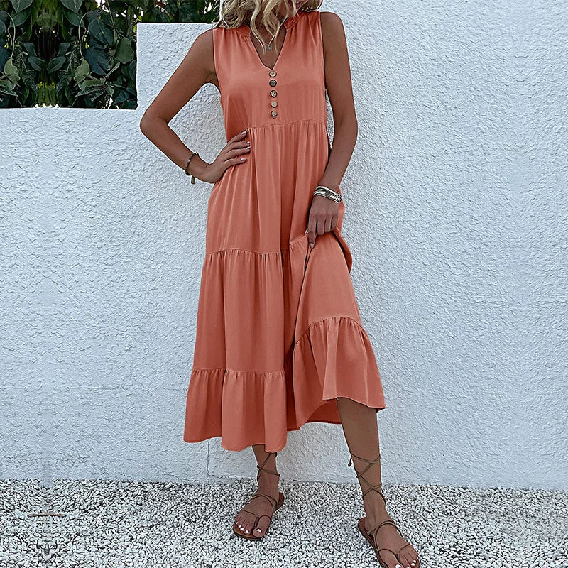 Abito lungo estivo da donna 2025 – stile casual, scollo a v, senza maniche, tinta unita, piega elegante