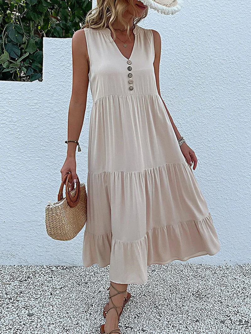Abito lungo estivo da donna 2025 – stile casual, scollo a v, senza maniche, tinta unita, piega elegante