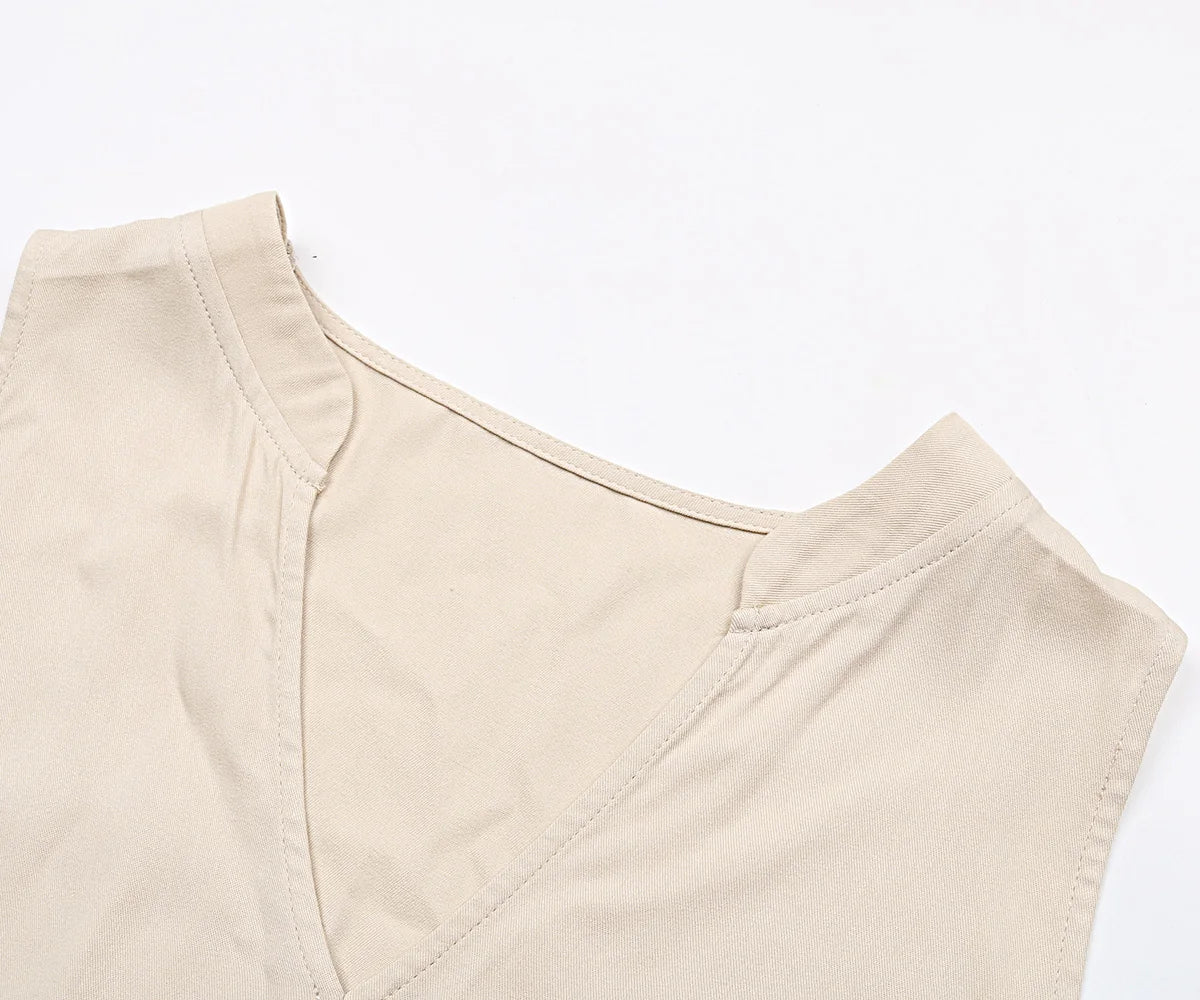 Abito lungo estivo da donna 2025 – stile casual, scollo a v, senza maniche, tinta unita, piega elegante