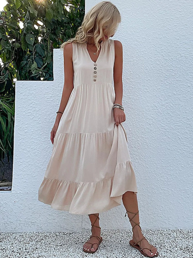 Abito lungo estivo da donna 2025 – stile casual, scollo a v, senza maniche, tinta unita, piega elegante
