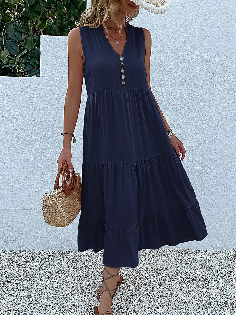 Abito lungo estivo da donna 2025 – stile casual, scollo a v, senza maniche, tinta unita, piega elegante