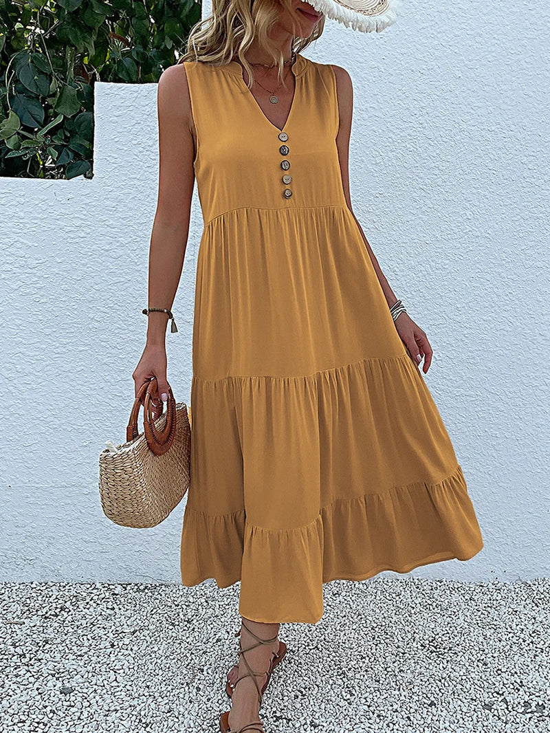 Abito lungo estivo da donna 2025 – stile casual, scollo a v, senza maniche, tinta unita, piega elegante