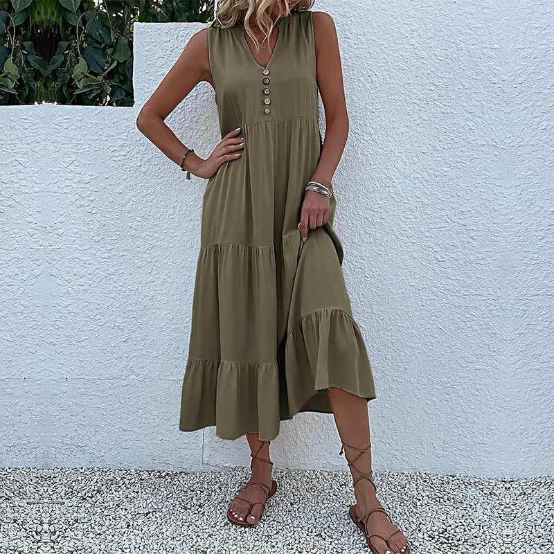 Abito lungo estivo da donna 2025 – stile casual, scollo a v, senza maniche, tinta unita, piega elegante