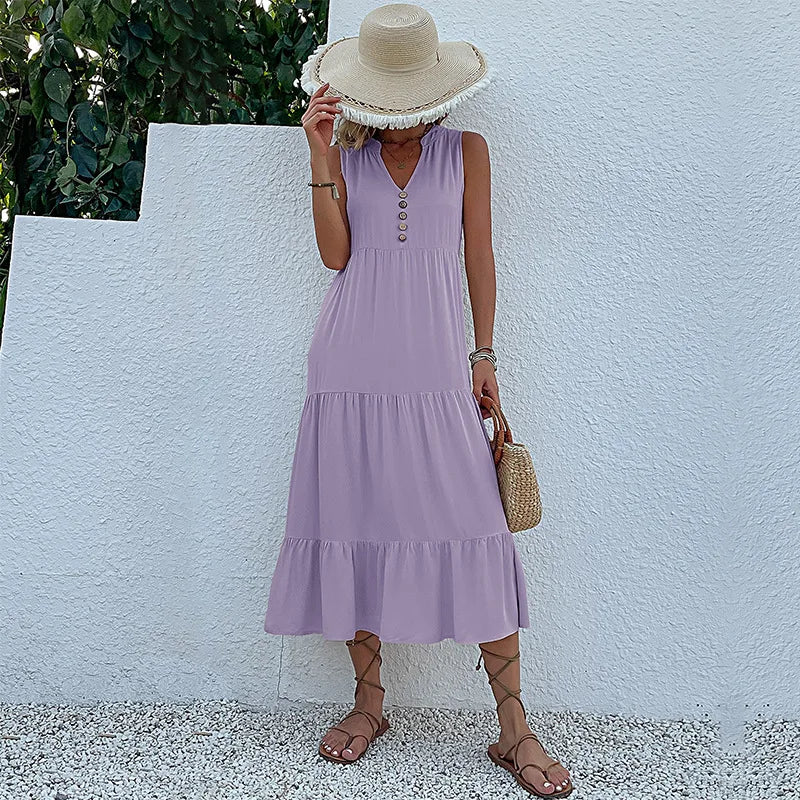 Abito lungo estivo da donna 2025 – stile casual, scollo a v, senza maniche, tinta unita, piega elegante