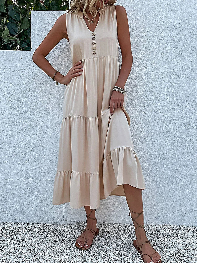 Abito lungo estivo da donna 2025 – stile casual, scollo a v, senza maniche, tinta unita, piega elegante