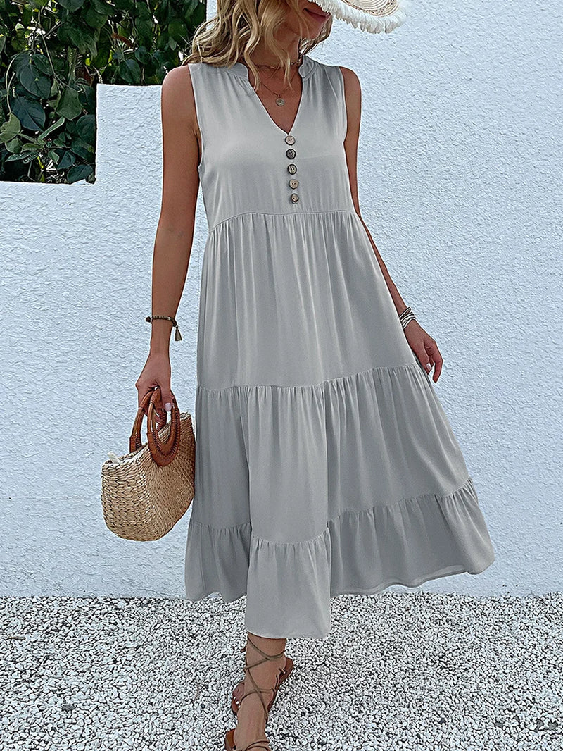 Abito lungo estivo da donna 2025 – stile casual, scollo a v, senza maniche, tinta unita, piega elegante