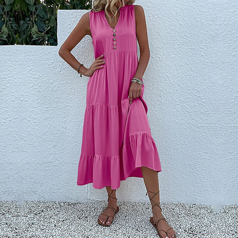 Abito lungo estivo da donna 2025 – stile casual, scollo a v, senza maniche, tinta unita, piega elegante