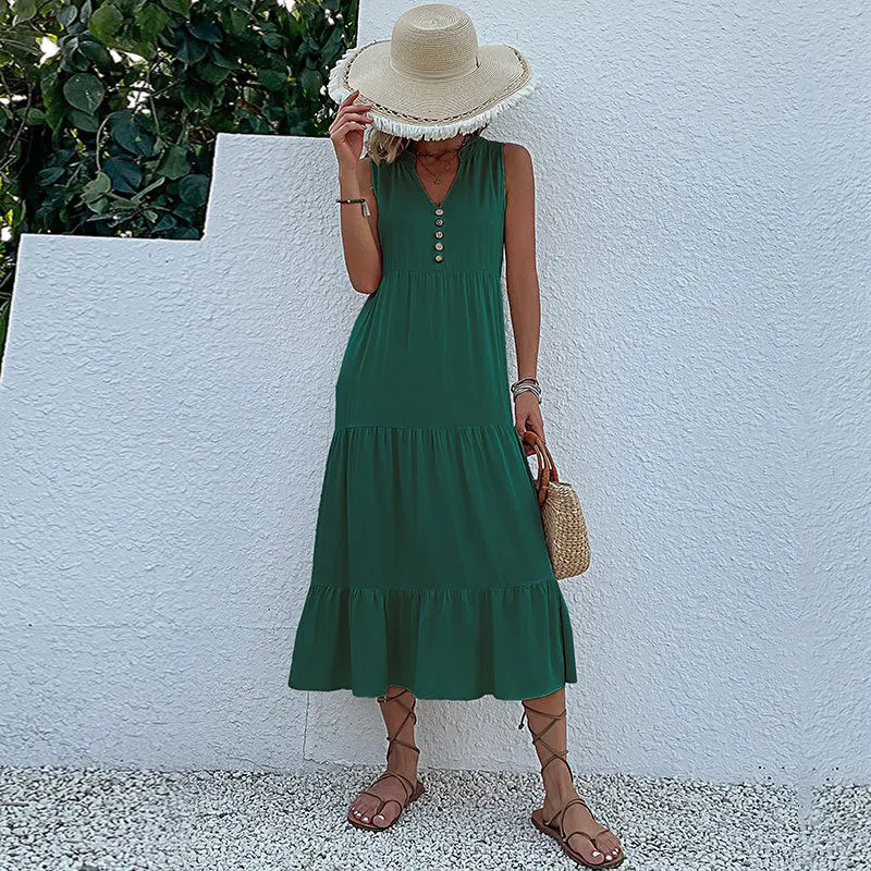 Abito lungo estivo da donna 2025 – stile casual, scollo a v, senza maniche, tinta unita, piega elegante