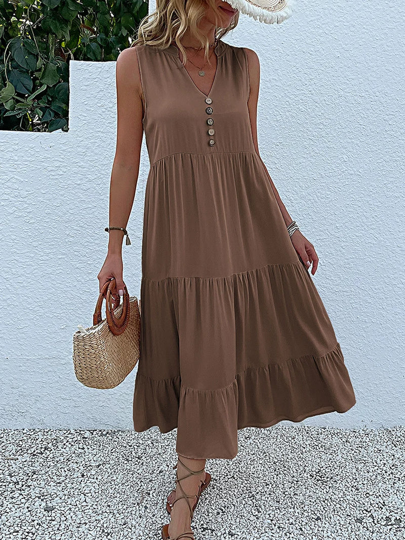 Abito lungo estivo da donna 2025 – stile casual, scollo a v, senza maniche, tinta unita, piega elegante