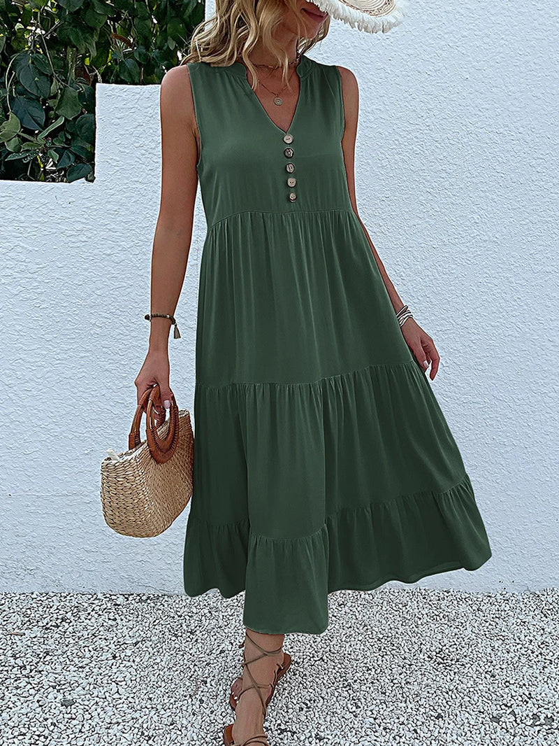 Abito lungo estivo da donna 2025 – stile casual, scollo a v, senza maniche, tinta unita, piega elegante