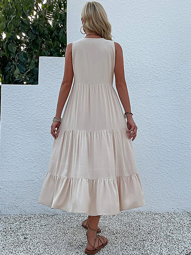 Abito lungo estivo da donna 2025 – stile casual, scollo a v, senza maniche, tinta unita, piega elegante