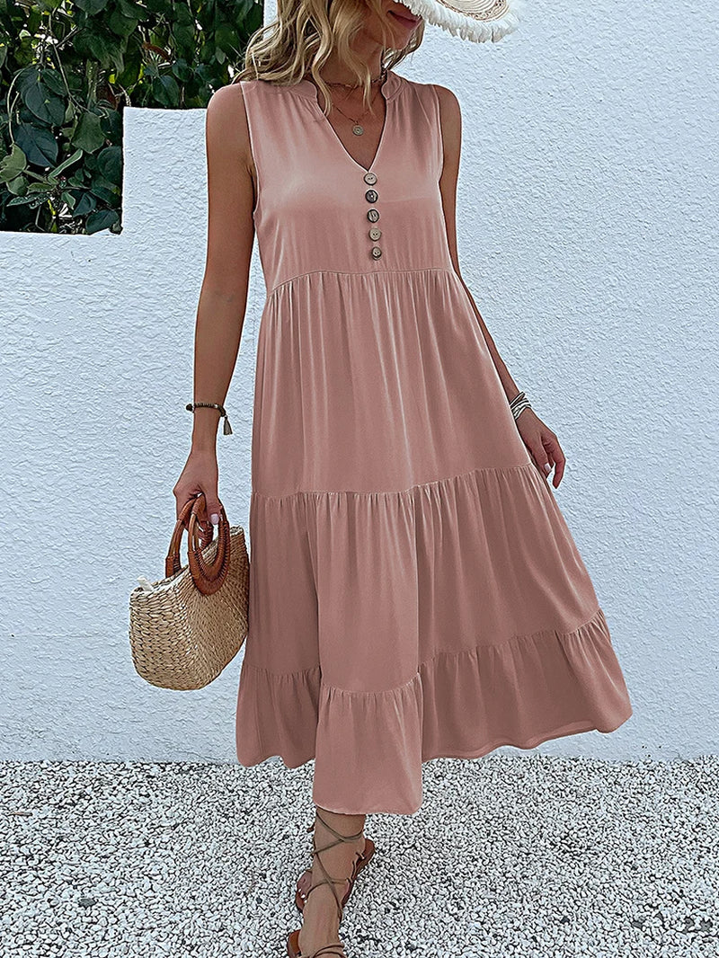 Abito lungo estivo da donna 2025 – stile casual, scollo a v, senza maniche, tinta unita, piega elegante