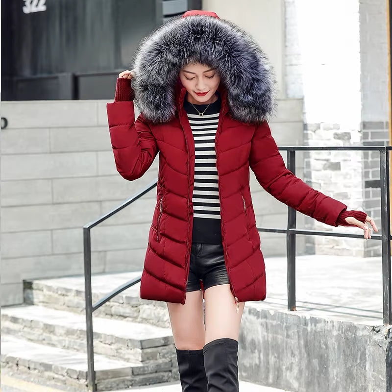 2025 Artificial Raccoon Fur Collar Winter Jacket Women Winter and Autumn Wear High Quality Parkas Outwear Women Long Coats
