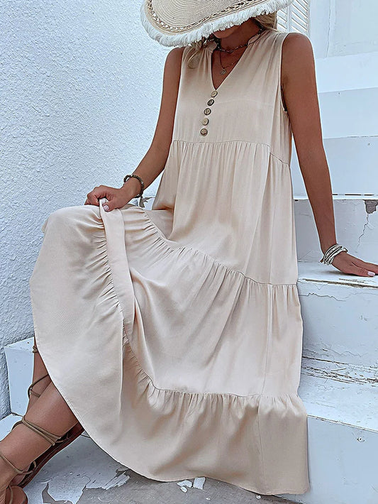 Abito lungo estivo da donna 2025 – stile casual, scollo a v, senza maniche, tinta unita, piega elegante