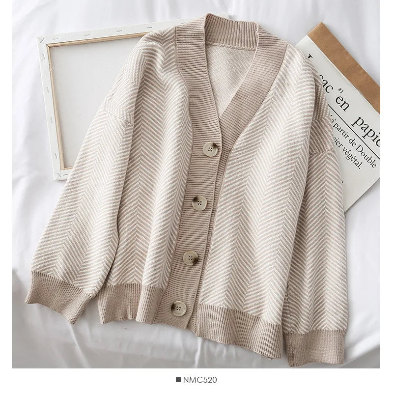 Cardigans Women Elegant Striped Pattern Autumn Winter Cardigan Vintage Jumper Lady Fashion Oversized Knitted Cardigan Coat