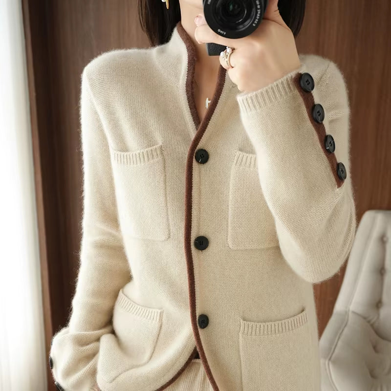 100%Pure Wool Sweater Autumn/Winter 2025 Women'S Stand-Up Collar Cardigan Casual Knit Tops Korean Fashion Female Jacket