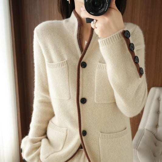 100%Pure Wool Sweater Autumn/Winter 2025 Women'S Stand-Up Collar Cardigan Casual Knit Tops Korean Fashion Female Jacket