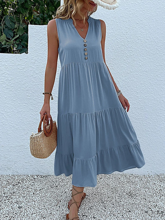 Abito lungo estivo da donna 2025 – stile casual, scollo a v, senza maniche, tinta unita, piega elegante