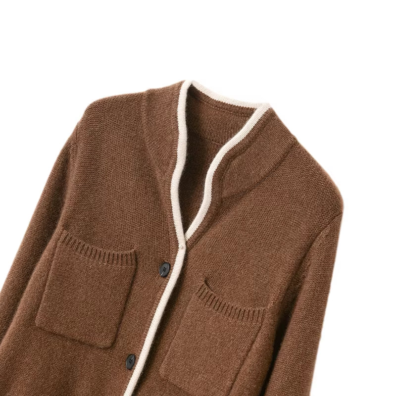 100%Pure Wool Sweater Autumn/Winter 2025 Women'S Stand-Up Collar Cardigan Casual Knit Tops Korean Fashion Female Jacket