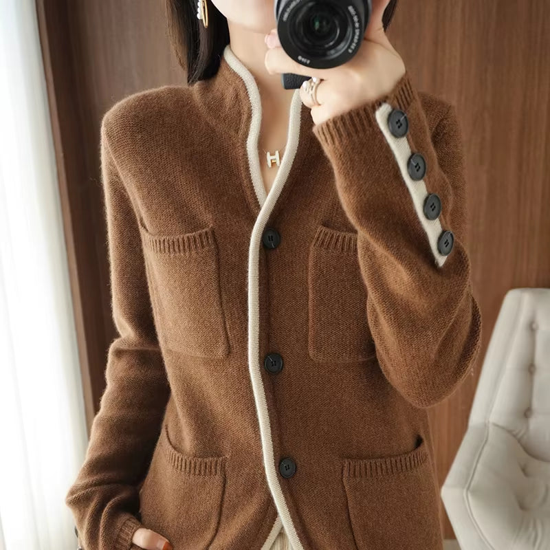 100%Pure Wool Sweater Autumn/Winter 2025 Women'S Stand-Up Collar Cardigan Casual Knit Tops Korean Fashion Female Jacket