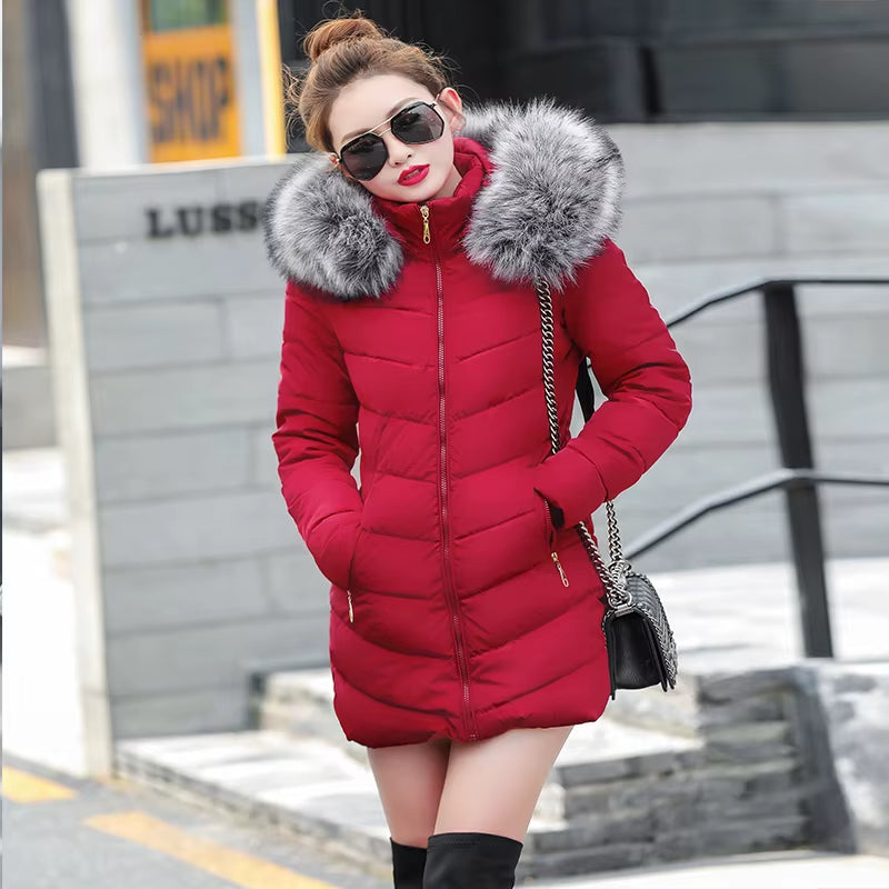 2025 Artificial Raccoon Fur Collar Winter Jacket Women Winter and Autumn Wear High Quality Parkas Outwear Women Long Coats